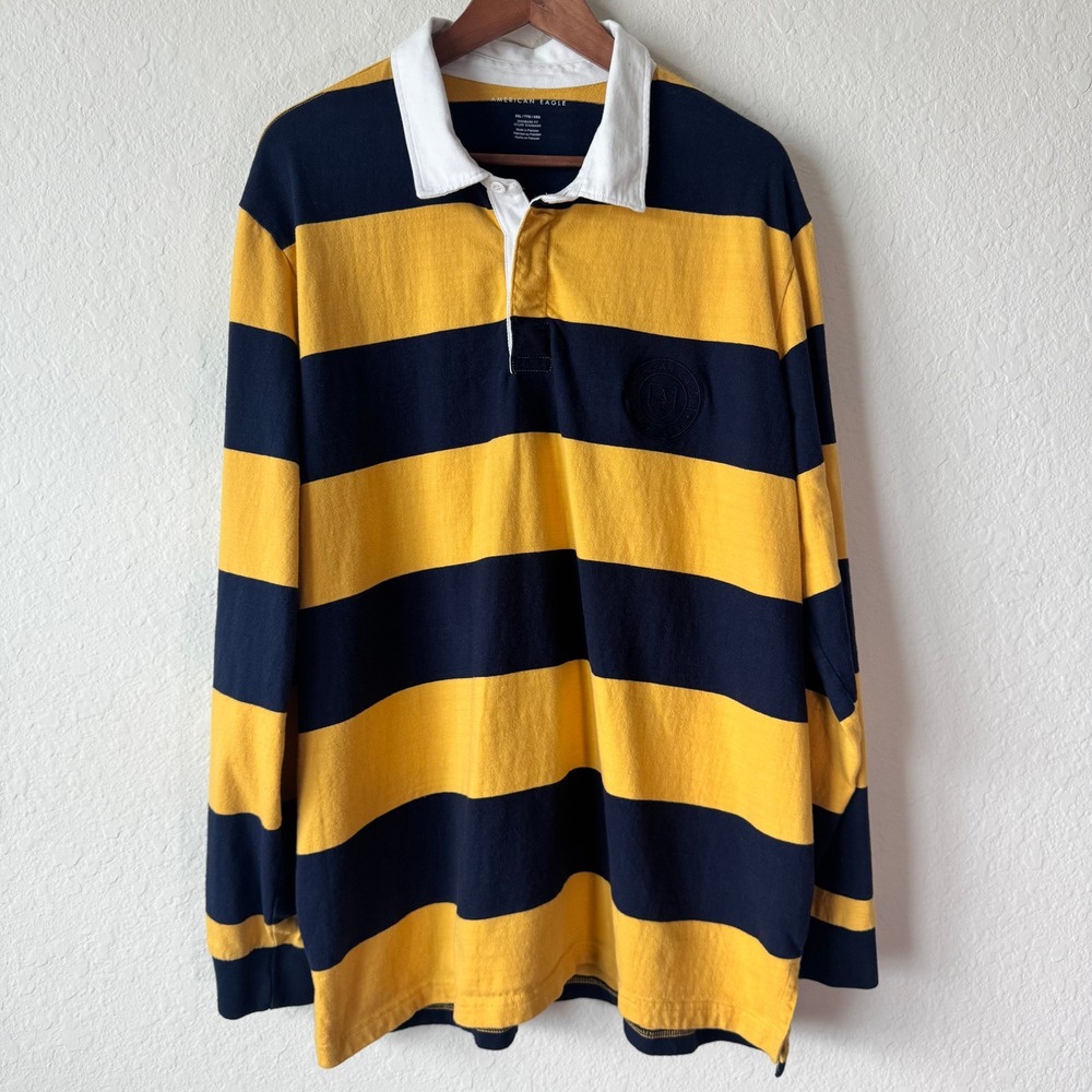 American Eagle Mens XXL Rugby Shirt Navy Blue Yellow Striped Long Sleeve Shirt